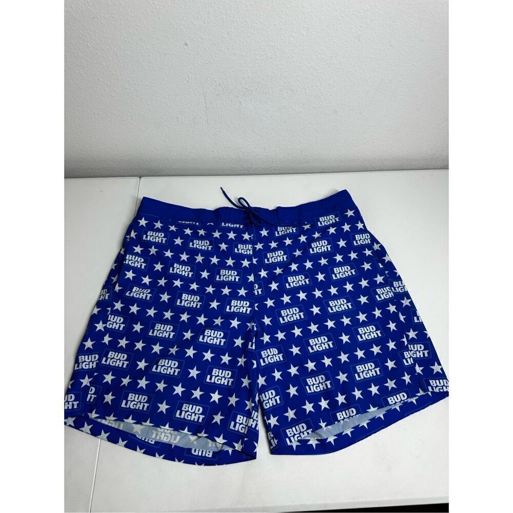 Bud Light Mens Board Shorts Swim Trunks Size 2XL (44-46) BLue White Logo Stars